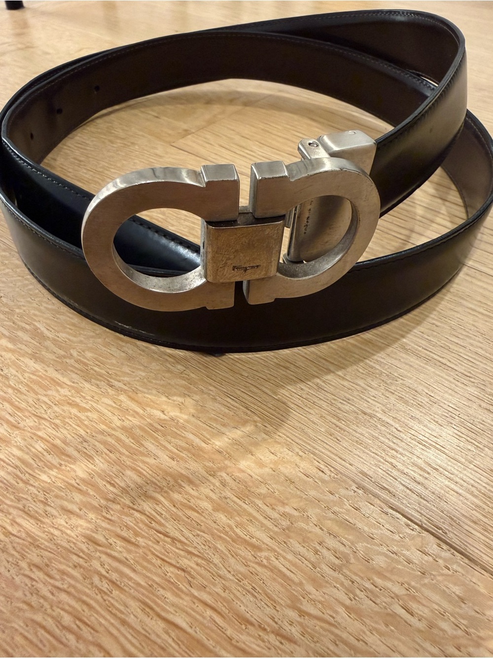 Authentic Ferragamo Black Leather Men’s Belt with Silver Double Gancini Buckle